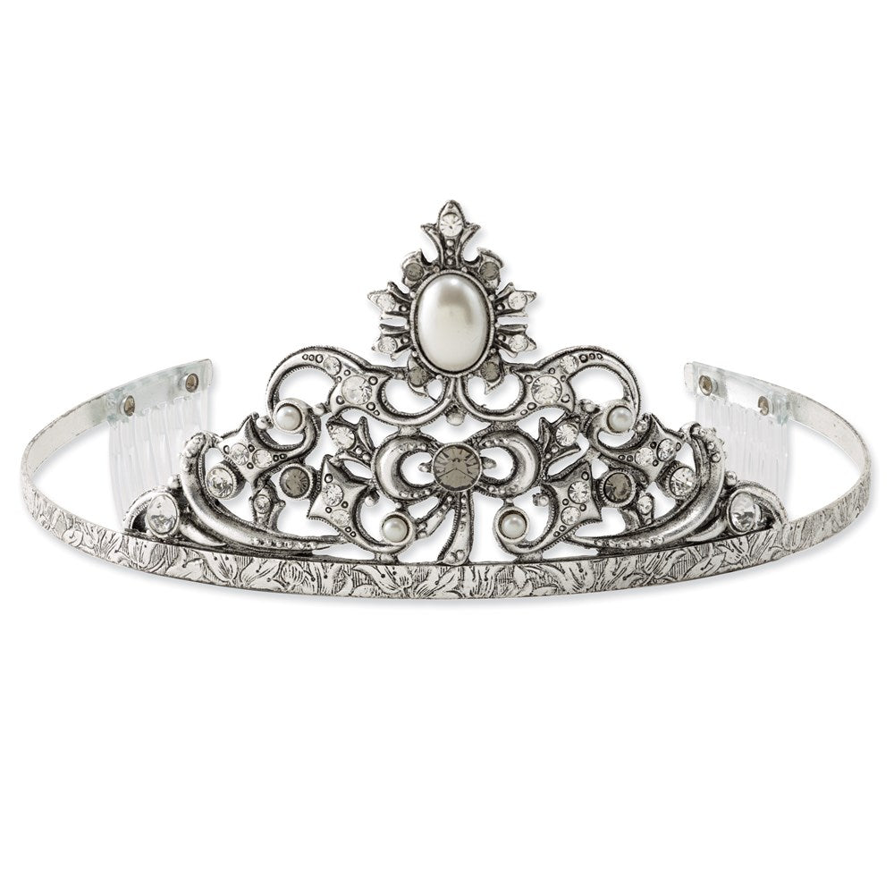 Silver-tone Cultura Simulated Pearl & Black & Clear Crystal Wedding Tiara