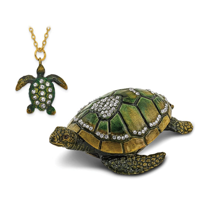 Jere Luxury Giftware, Bejeweled SWEETHEART Green Sea Turtle w/Heart Trinket Box with Matching Pendant