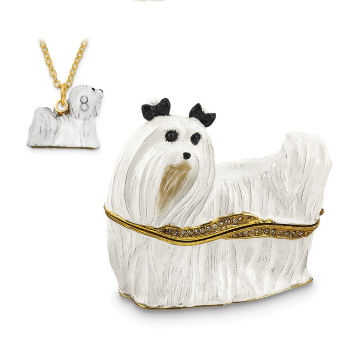Jere Luxury Giftware, Bejeweled MILLIE Maltese Trinket Box with Matching Pendant