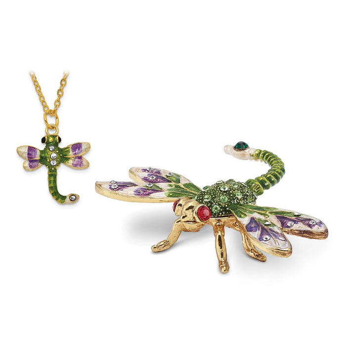 Jere Luxury Giftware, Bejeweled DEWEY Green Dragonfly Trinket Box with Matching Pendant
