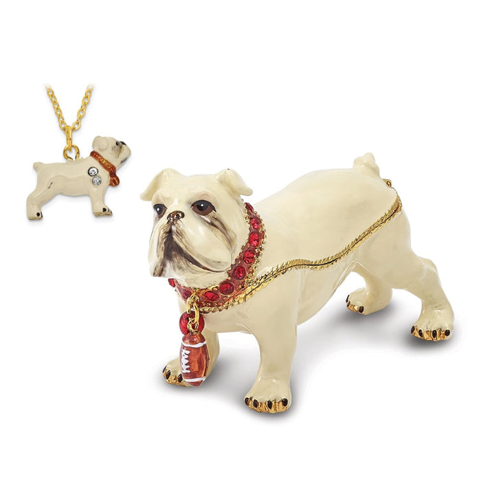 Jere Luxury Giftware, Bejeweled BUTCH Bulldog w/Football Trinket Box with Matching Pendant