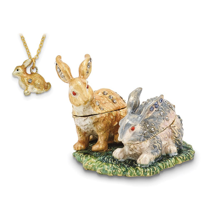 Jere Luxury Giftware, Bejeweled BEST BUNNIES Rabbits Trinket Box with Matching Pendant