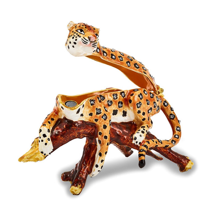 Jere Luxury Giftware, Bejeweled LEOPOLD Leopard on Branch Trinket Box with Matching Pendant