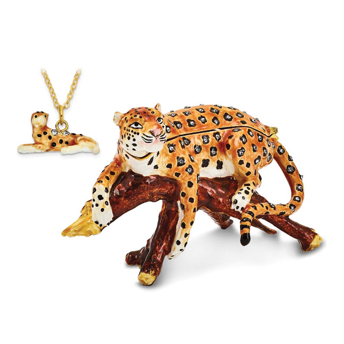 Jere Luxury Giftware, Bejeweled LEOPOLD Leopard on Branch Trinket Box with Matching Pendant