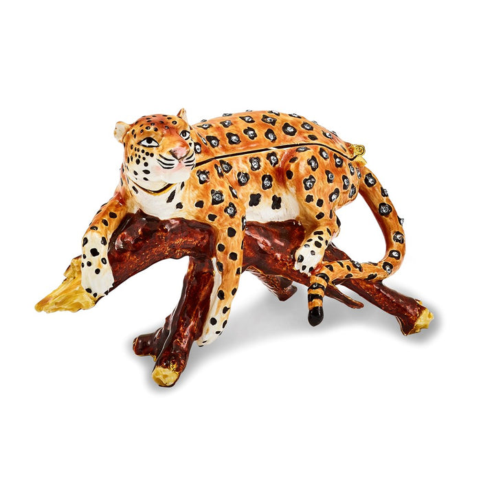 Jere Luxury Giftware, Bejeweled LEOPOLD Leopard on Branch Trinket Box with Matching Pendant