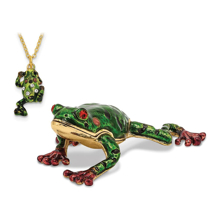 Jere Luxury Giftware, Bejeweled FRANK Red Eyed Frog Trinket Box with Matching Pendant