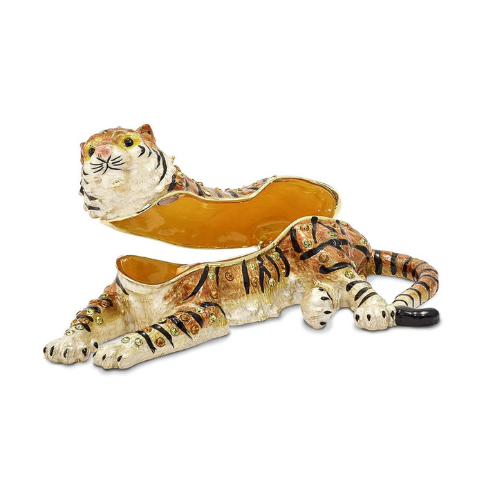 Jere Luxury Giftware, Bejeweled TALINDA Relaxing Tiger Trinket Box with Matching Pendant