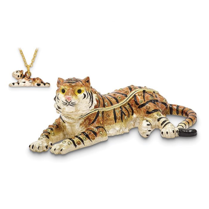 Jere Luxury Giftware, Bejeweled TALINDA Relaxing Tiger Trinket Box with Matching Pendant