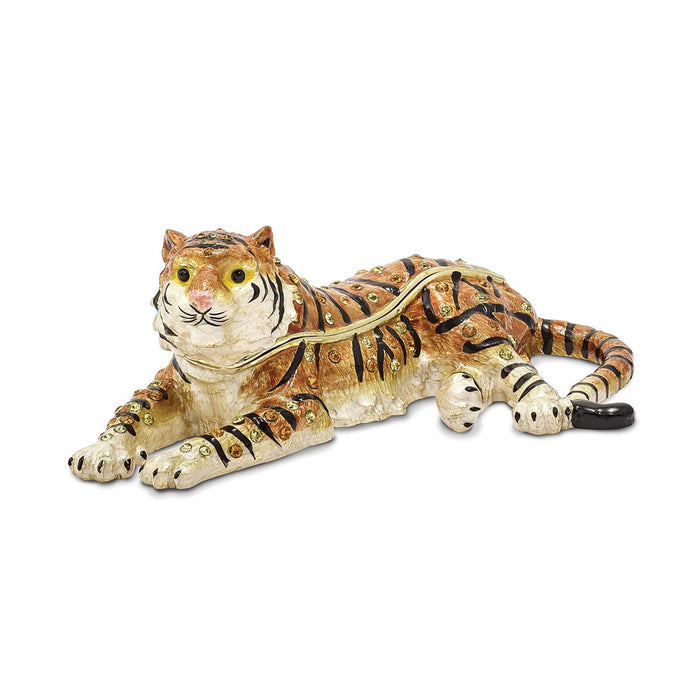 Jere Luxury Giftware, Bejeweled TALINDA Relaxing Tiger Trinket Box with Matching Pendant