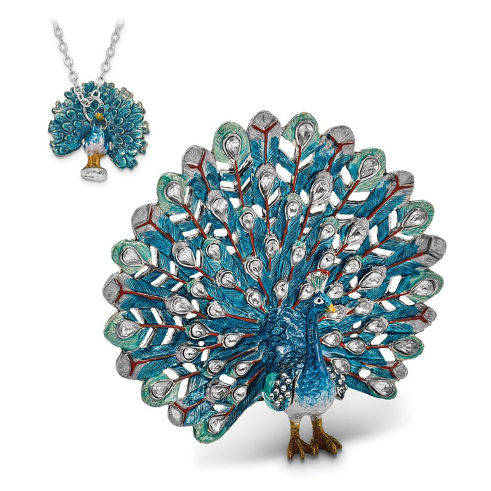 Jere Luxury Giftware, Bejeweled IRIDESCENCE Blue Peacock Trinket Box with Matching Pendant