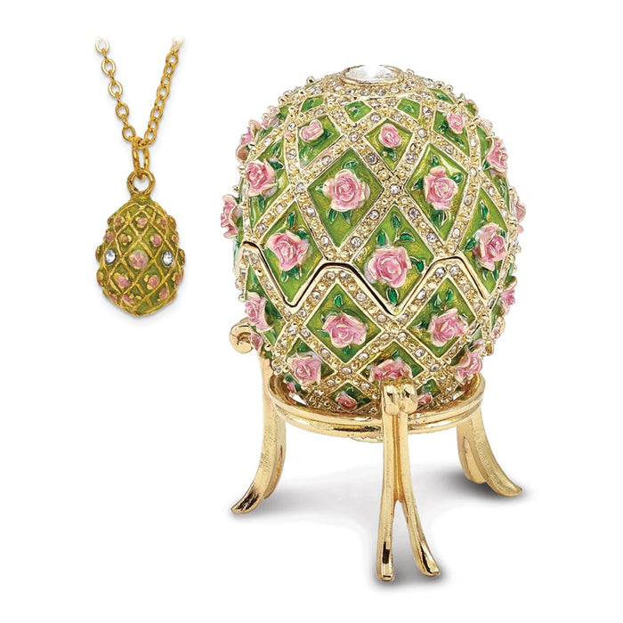 Jere Luxury Giftware, Bejeweled ROSE GARDEN Floral (Plays Memory) Musical Egg with Matching Pendant