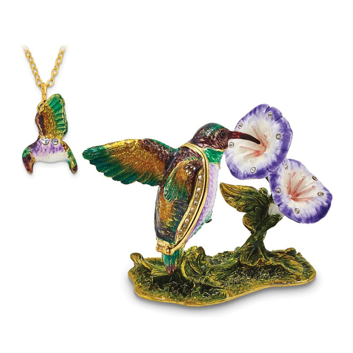 Jere Luxury Giftware, Bejeweled STELLA Hummingbird & Morning Glory Trinket Box with Matching Pendant