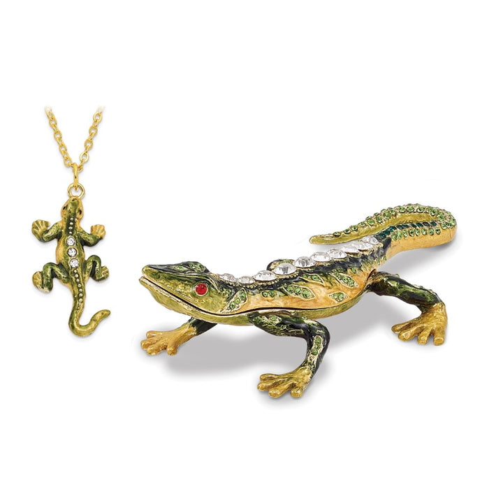 Jere Luxury Giftware, Bejeweled ROCKY Rain Forest Lizard Trinket Box with Matching Pendant