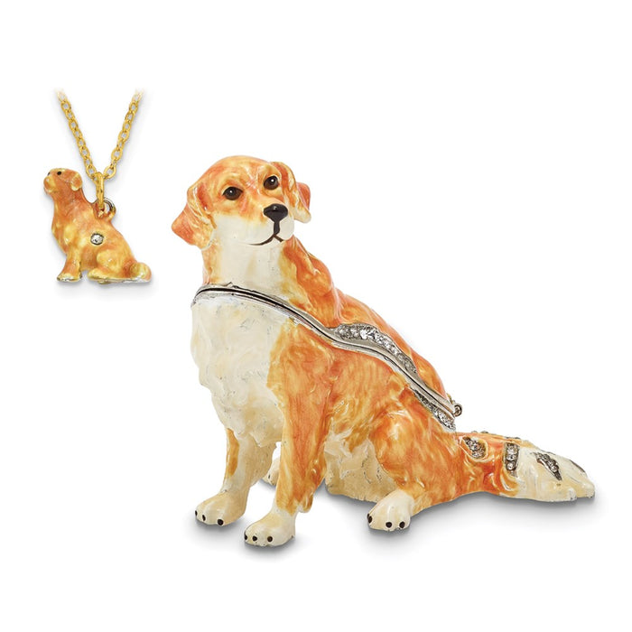 Jere Luxury Giftware, Bejeweled GOLDIE Golden Retriever Trinket Box with Matching Pendant