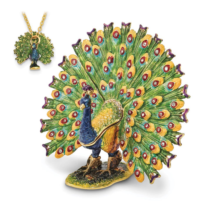 Jere Luxury Giftware, Bejeweled PROUD AS A PEACOCK Strutting Peacock Trinket Box with Matching Pendant