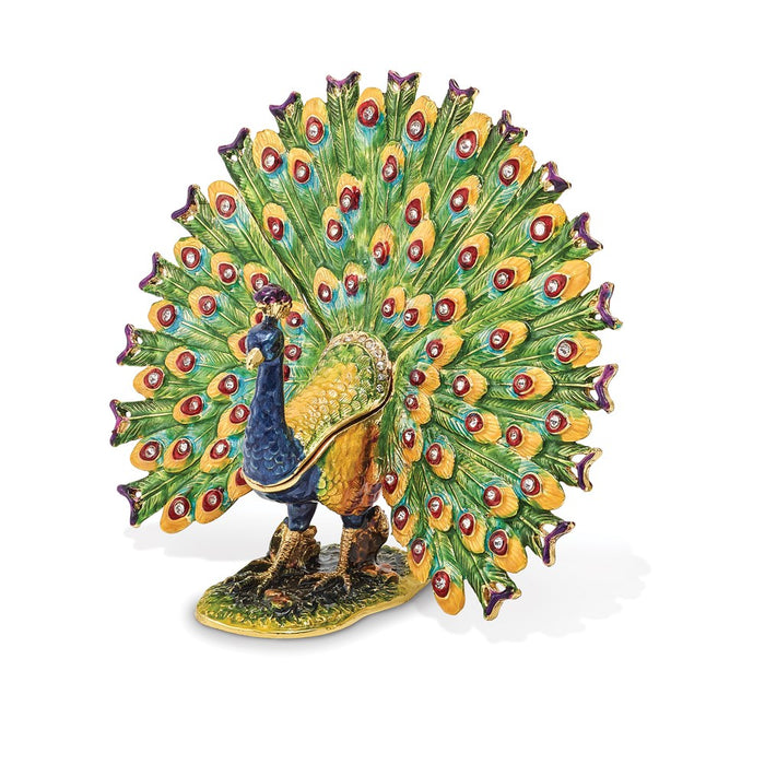 Jere Luxury Giftware, Bejeweled PROUD AS A PEACOCK Strutting Peacock Trinket Box with Matching Pendant