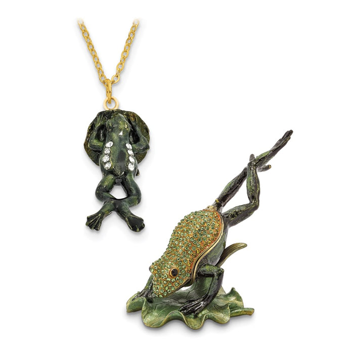 Jere Luxury Giftware, Bejeweled CLEM HOPPER Diving Frog Trinket Box with Matching Pendant