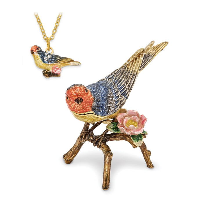 Jere Luxury Giftware, Bejeweled LADY BLUEBIRD Trinket Box with Matching Pendant