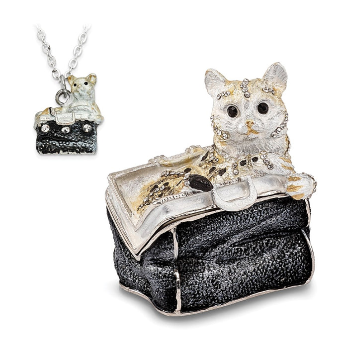 Jere Luxury Giftware, Bejeweled MISS KITTY Cat in Purse Trinket Box with Matching Pendant