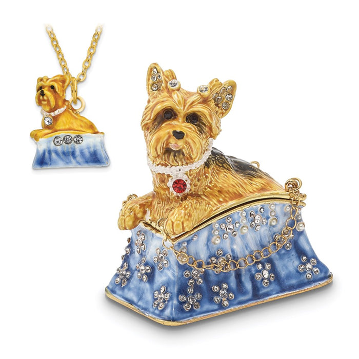 Jere Luxury Giftware, Bejeweled TWINKLES Yorkshire Terrier in Tote Trinket Box with Matching Pendant