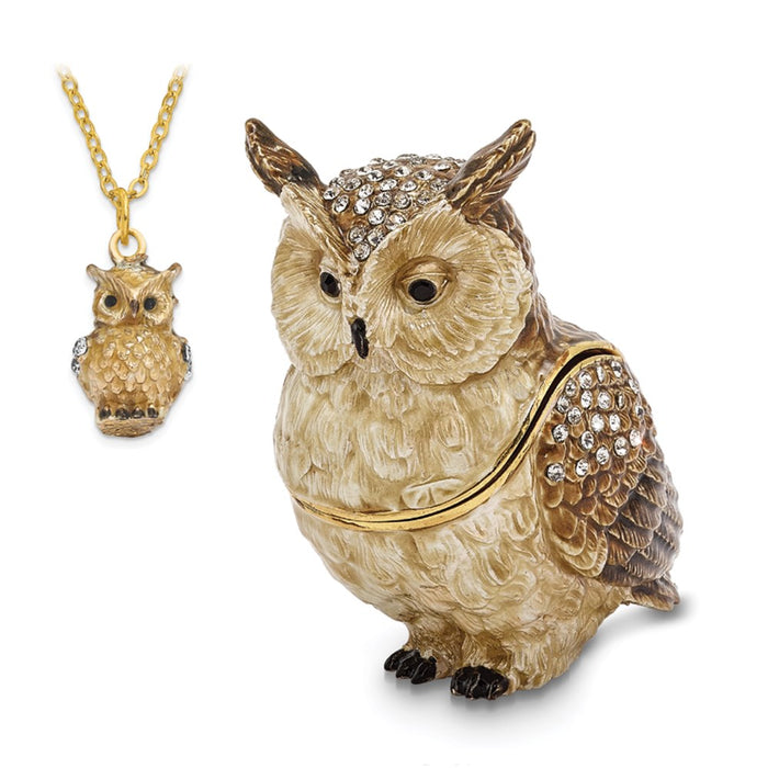 Jere Luxury Giftware, Bejeweled HOOTIE Horned Owl Trinket Box with Matching Pendant