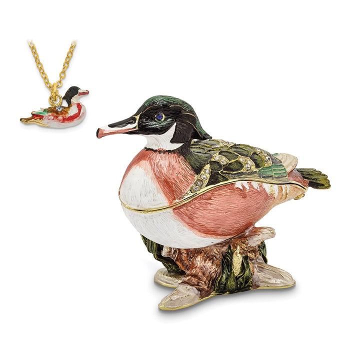 Jere Luxury Giftware, Bejeweled WILSON Wood Duck Trinket Box with Matching Pendant