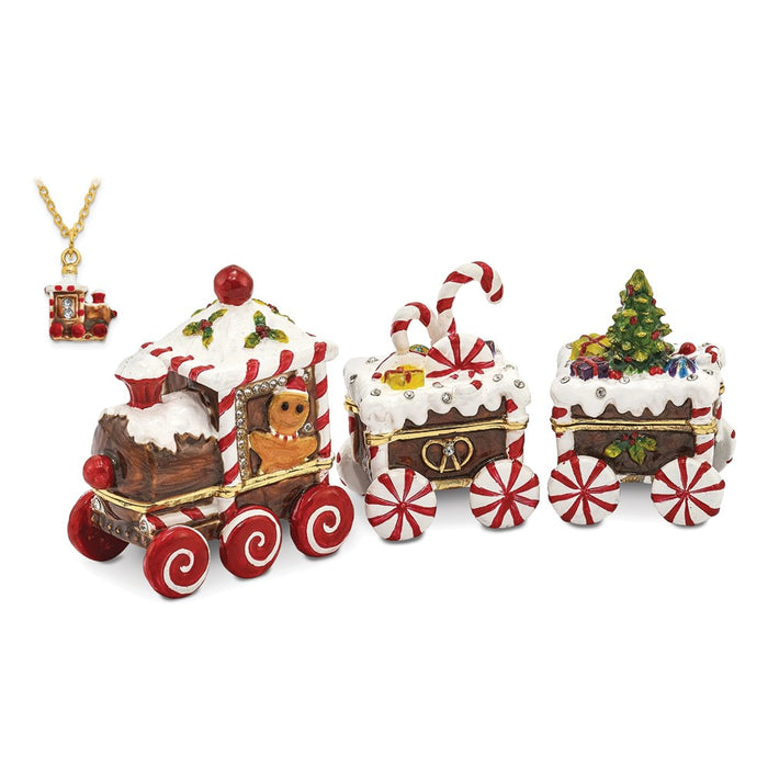 Jere Luxury Giftware, Bejeweled CANDY CANE Train Trinket Box with Matching Pendant