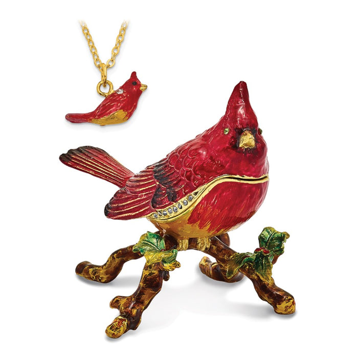 Jere Luxury Giftware, Bejeweled CHARLIE Red Cardinal Trinket Box with Matching Pendant