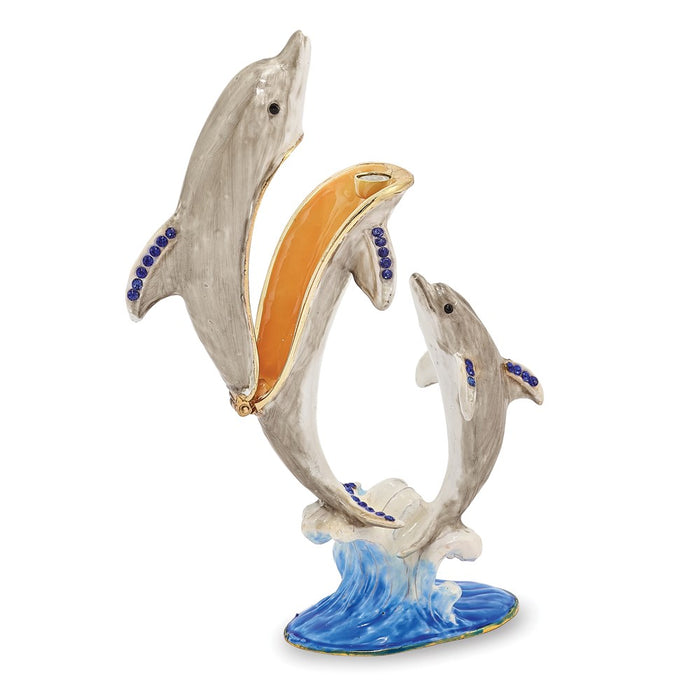 Jere Luxury Giftware, Bejeweled FIONA & FINN Mother & Baby Dolphins Trinket Box with Matching Pendant
