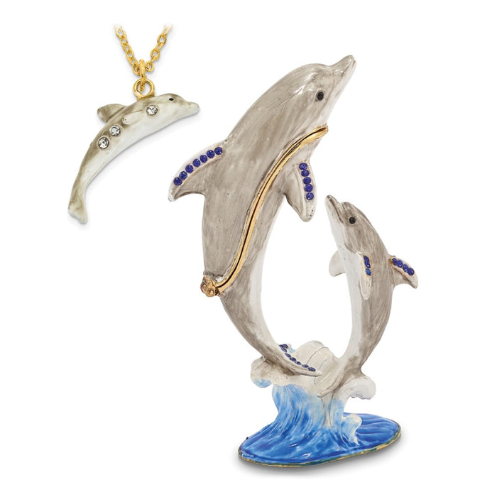 Jere Luxury Giftware, Bejeweled FIONA & FINN Mother & Baby Dolphins Trinket Box with Matching Pendant
