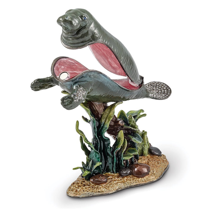 Jere Luxury Giftware, Bejeweled MANNY Manatee w/Seaweed Trinket Box with Matching Pendant