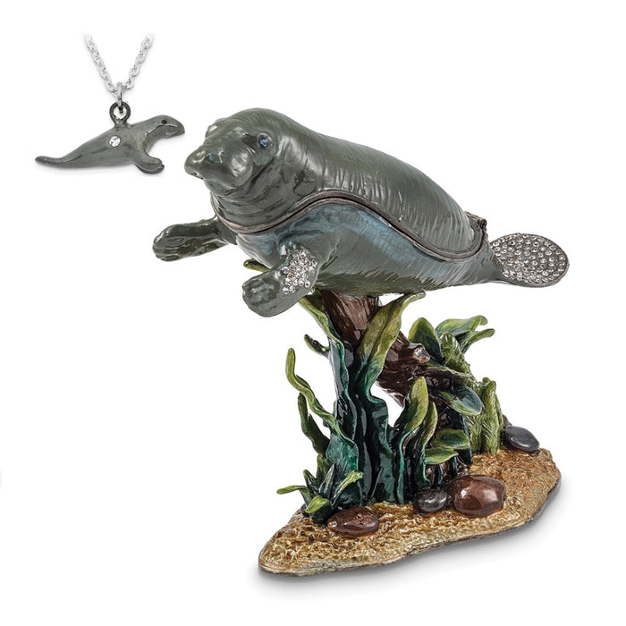 Jere Luxury Giftware, Bejeweled MANNY Manatee w/Seaweed Trinket Box with Matching Pendant