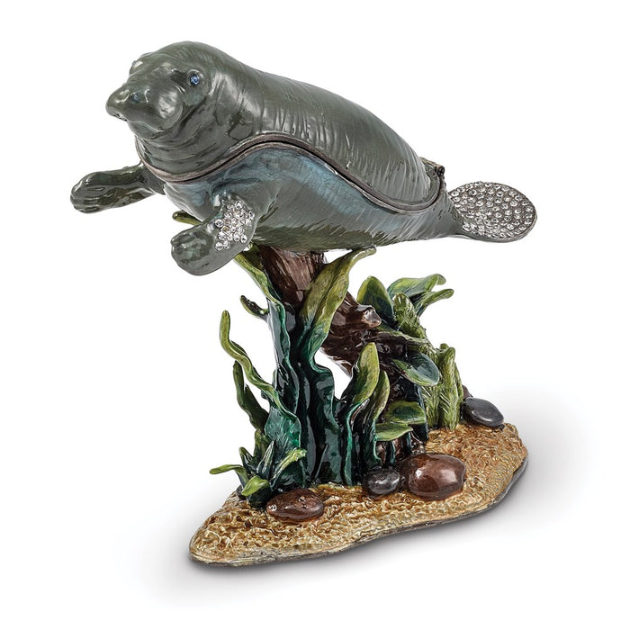 Jere Luxury Giftware, Bejeweled MANNY Manatee w/Seaweed Trinket Box with Matching Pendant