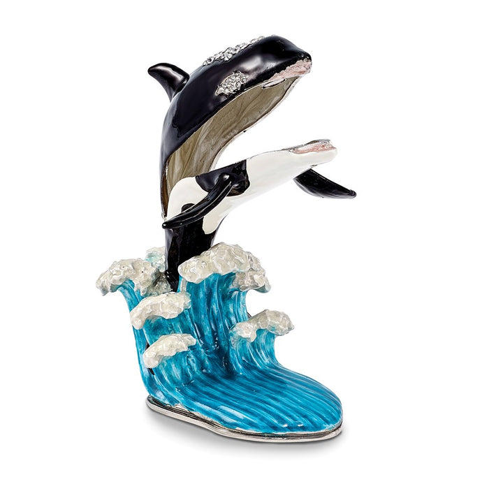 Jere Luxury Giftware, Bejeweled OLLIE Orca Whale on Waves Trinket Box with Matching Pendant