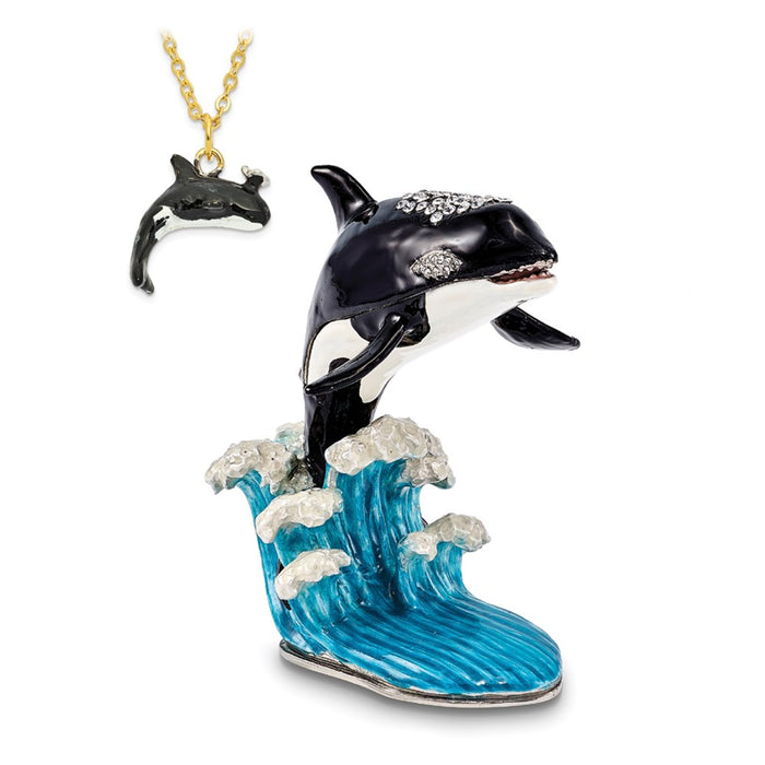 Jere Luxury Giftware, Bejeweled OLLIE Orca Whale on Waves Trinket Box with Matching Pendant