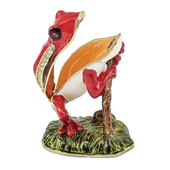 Jere Luxury Giftware, Bejeweled RASCAL Red Frog on Branch Trinket Box with Matching Pendant