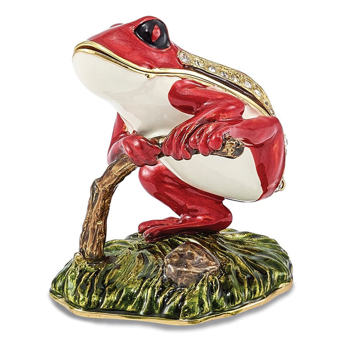 Jere Luxury Giftware, Bejeweled RASCAL Red Frog on Branch Trinket Box with Matching Pendant