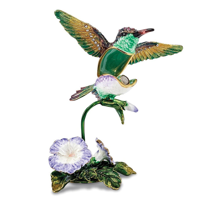 Jere Luxury Giftware, Bejeweled HUEY Hummingbird & Petunia Trinket Box with Matching Pendant