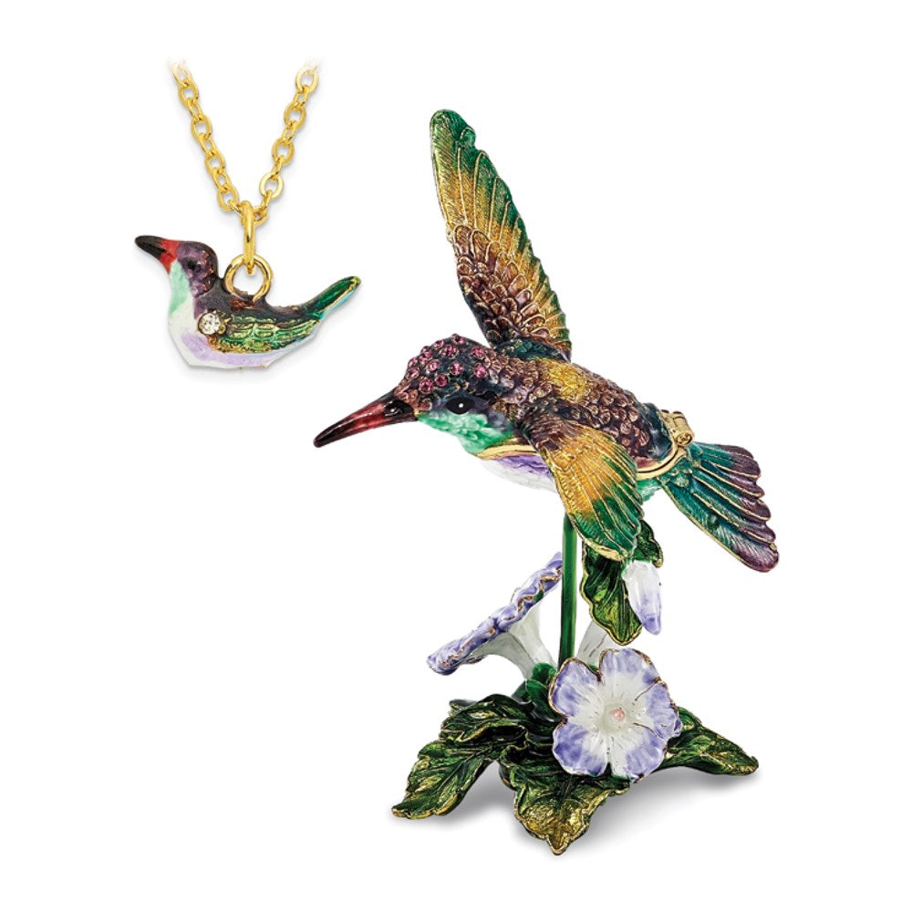 Jere Luxury Giftware, Bejeweled HUEY Hummingbird & Petunia Trinket Box with Matching Pendant Trinket Box & Keepsake Container Collectible Gift by Jere Luxury Giftware