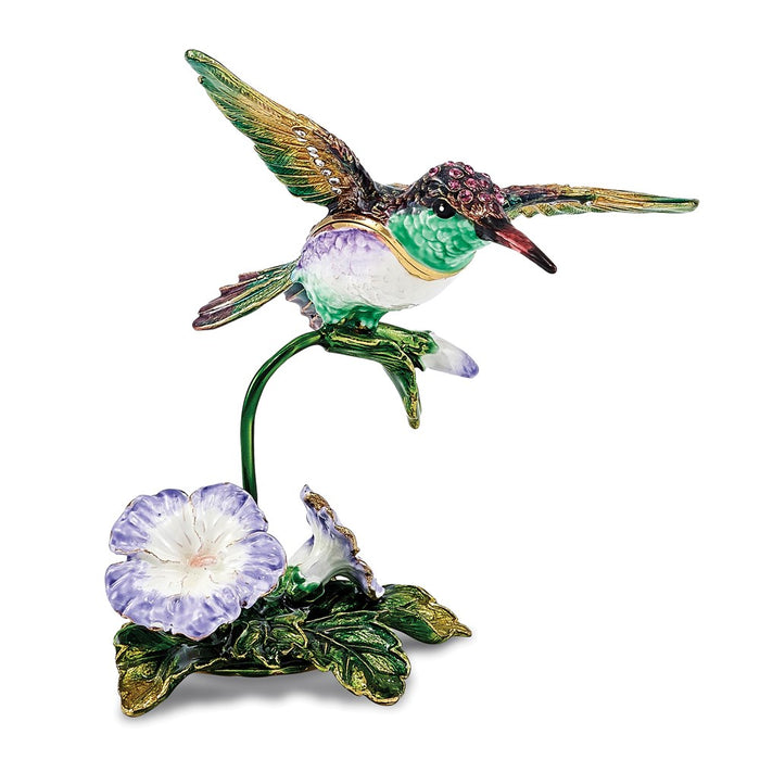 Jere Luxury Giftware, Bejeweled HUEY Hummingbird & Petunia Trinket Box with Matching Pendant