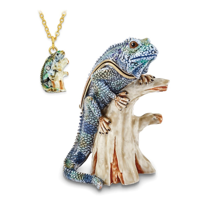 Jere Luxury Giftware, Bejeweled CAYMAN Blue Iguana on Branch Trinket Box with Matching Pendant