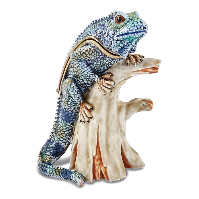 Jere Luxury Giftware, Bejeweled CAYMAN Blue Iguana on Branch Trinket Box with Matching Pendant