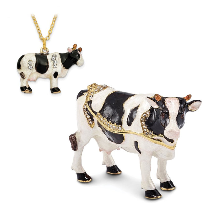 Jere Luxury Giftware, Bejeweled BESSIE Holstein Cow Trinket Box with Matching Pendant