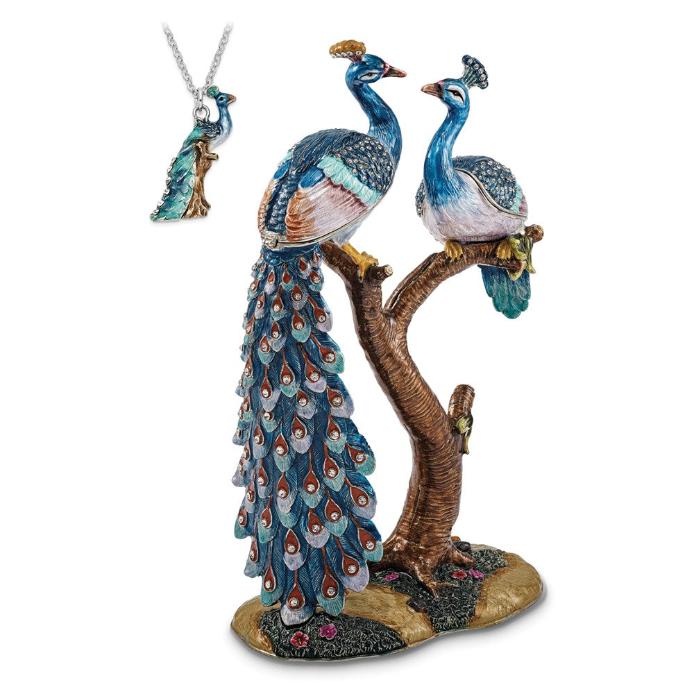 Jere Luxury Giftware, Bejeweled ROMEO & JULIET Peacock & Peahen Lovers Trinket Box with Matching Pendant Trinket Box & Keepsake Container Collectible Gift by Jere Luxury Giftware