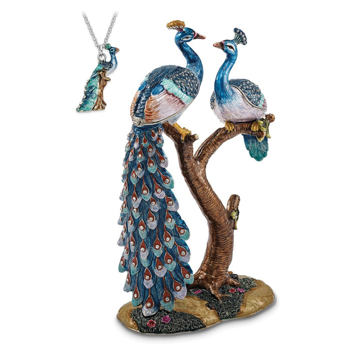 Jere Luxury Giftware, Bejeweled ROMEO & JULIET Peacock & Peahen Lovers Trinket Box with Matching Pendant