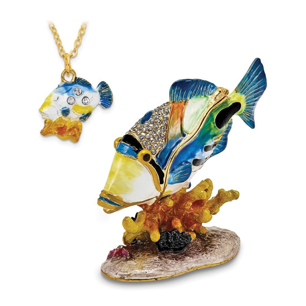 Jere Luxury Giftware, Bejeweled TRIGGER Humu Humu Fish Trinket Box with Matching Pendant Trinket Box & Keepsake Container Collectible Gift by Jere Luxury Giftware