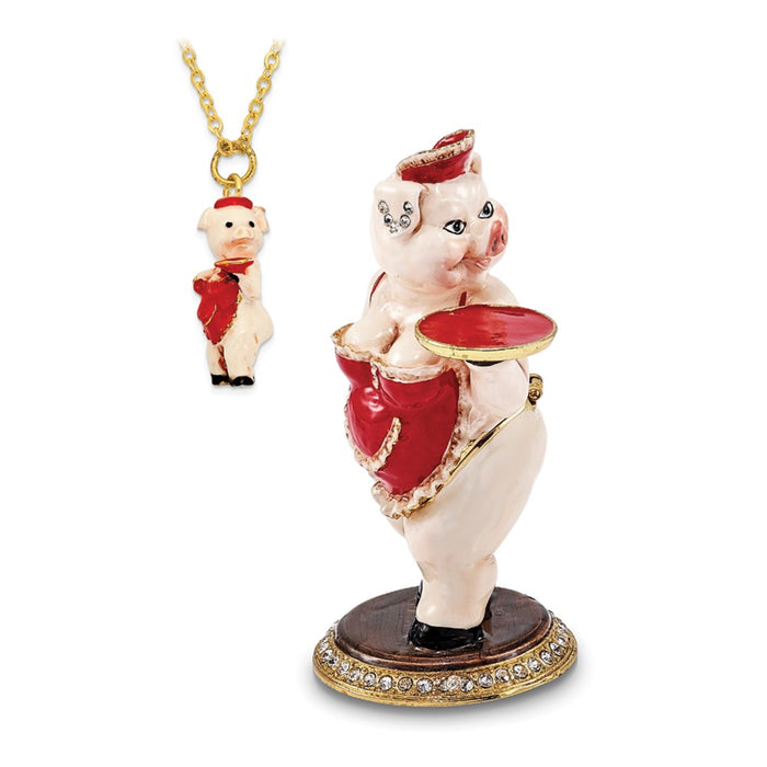 Jere Luxury Giftware, Bejeweled FANCY NANCY Waitress Pig Trinket Box with Matching Pendant