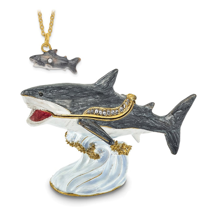 Jere Luxury Giftware, Bejeweled ACE Great White Shark Trinket Box with Matching Pendant