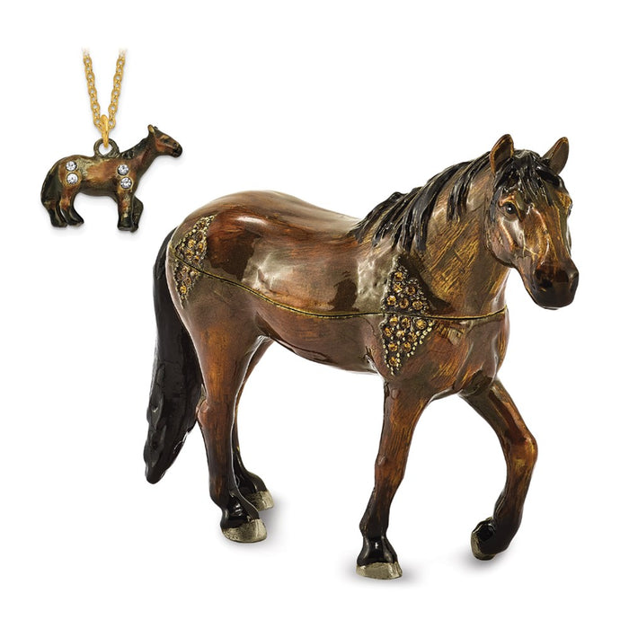 Jere Luxury Giftware, Bejeweled SPENCER Dark Bay Horse Trinket Box with Matching Pendant