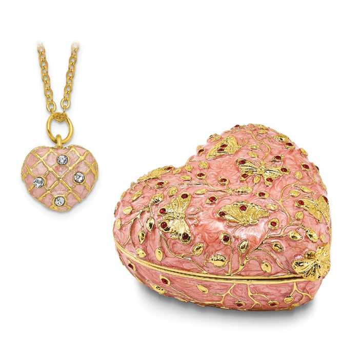 Jere Luxury Giftware, Bejeweled BUTTERFLY KISSES Pink Heart Trinket Box with Matching Pendant